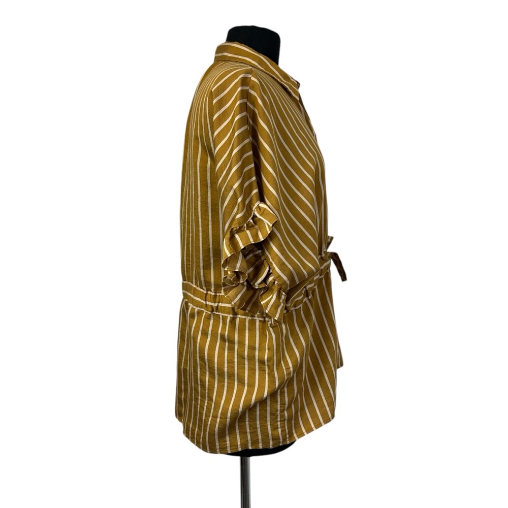 ZARA Gold Stripe Tie Front Blouse Size S Ruffle Sleeve Button Up Top - Picture 9 of 11